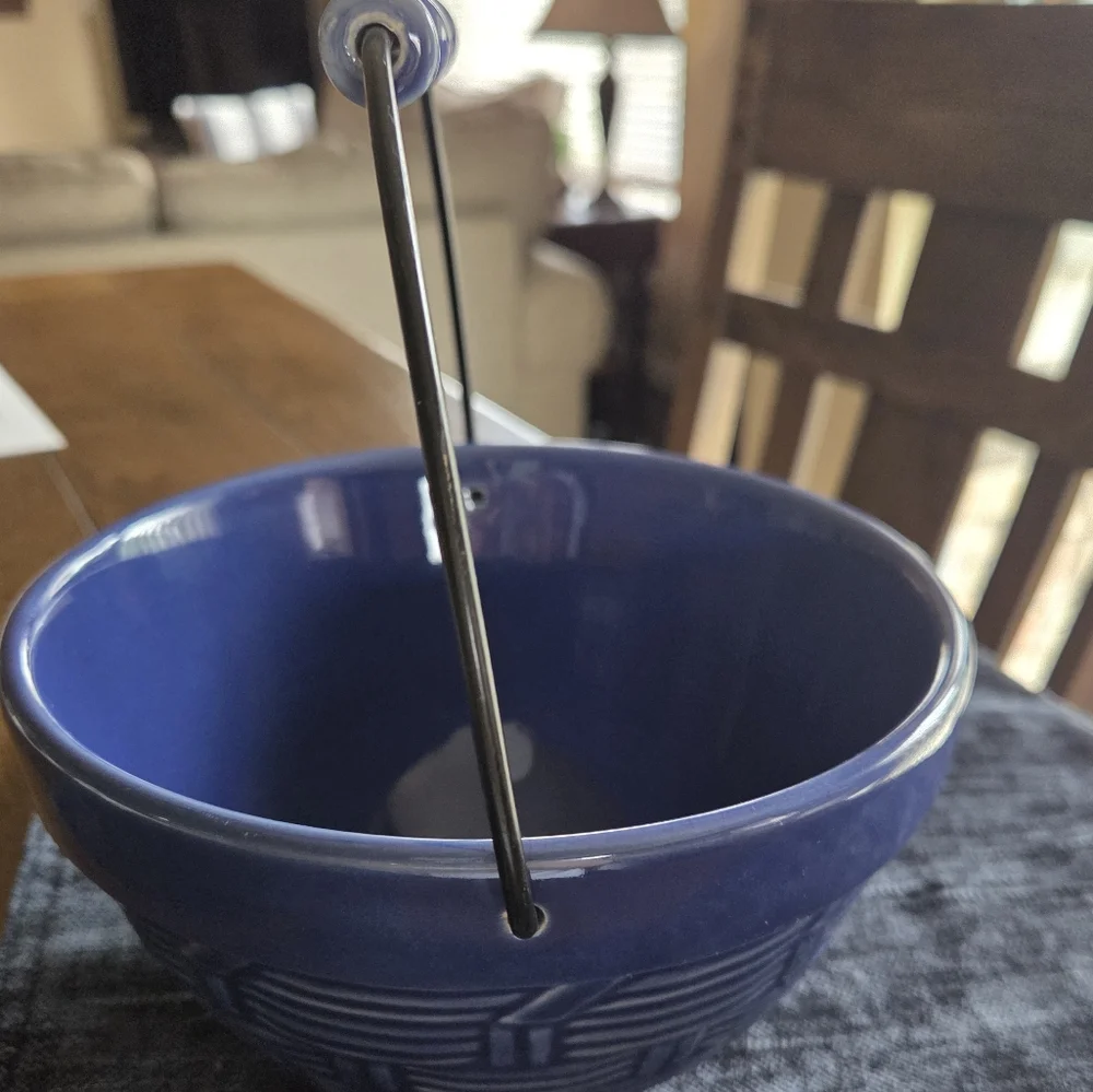 Vintage WCL Blue Pottery Basket Metal Handle Ceramic Handle Basket Weave Bowl